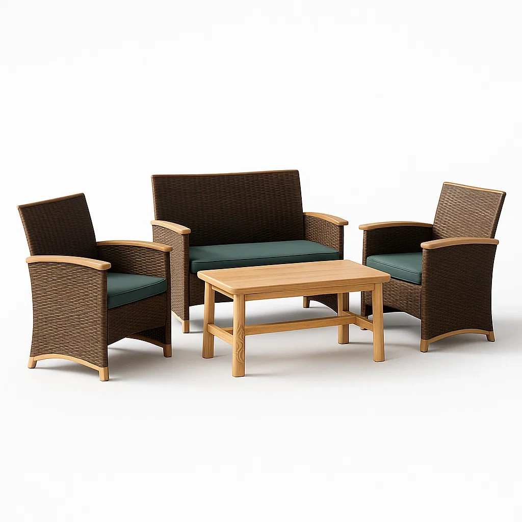 Gartenmöbel Set Rattan Holz Braun 2 Sessel 1 Sofa 1 Tisch-livzexa