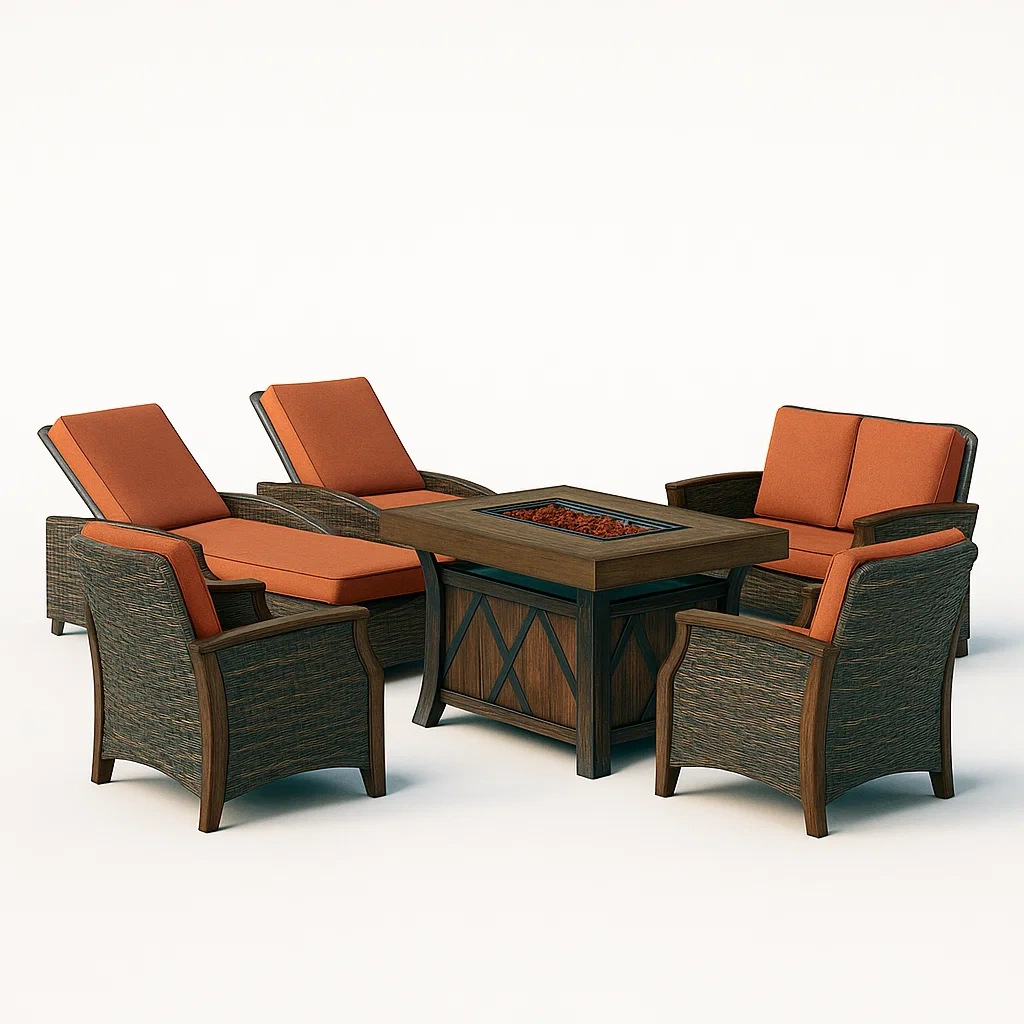 Polyrattan-Gartenmöbel-Set mit Feuertisch und orangefarbenen Kissen-livzexa