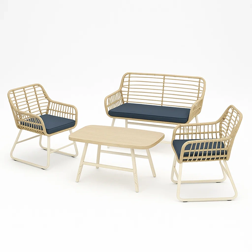 Gartenmöbel Set Aluminium mit Polyesterkissen, 2-Sitzer Sofa, 2 Sessel, Tisch, Beige/Blau-livzexa