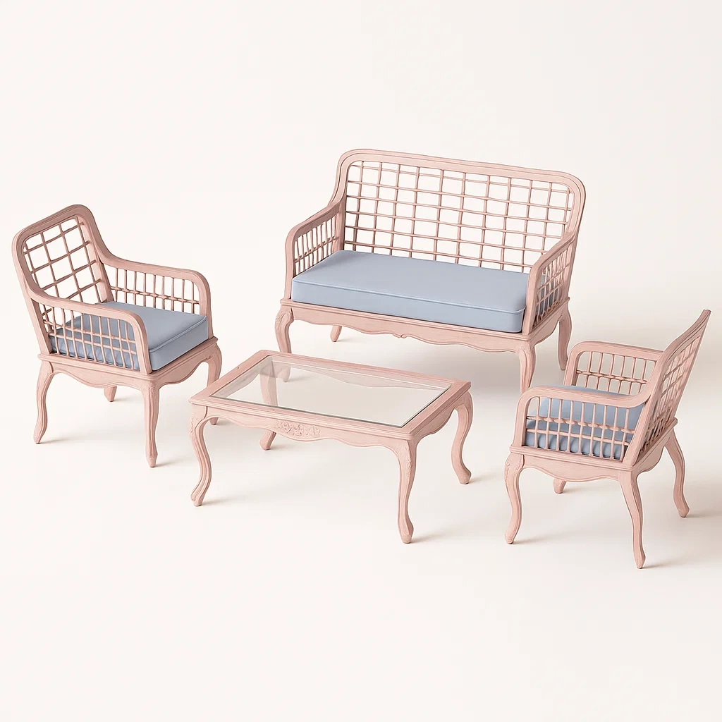 4-teiliges Gartenmöbel-Set aus Holz und Glas in Rosa und Blau-livzexa