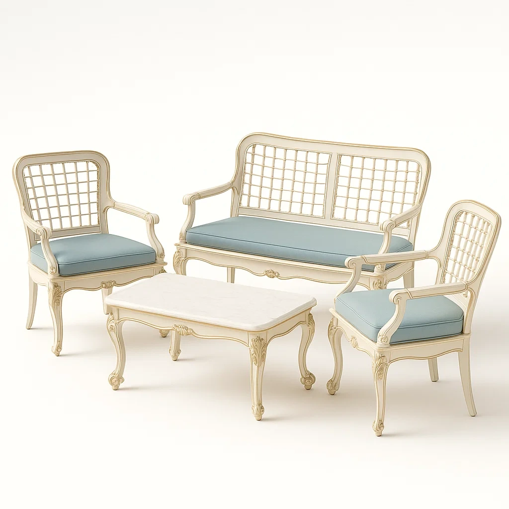 Gartenmöbel Set mit Holz, Stoff und Marmor, Weiß/Blau-livzexa