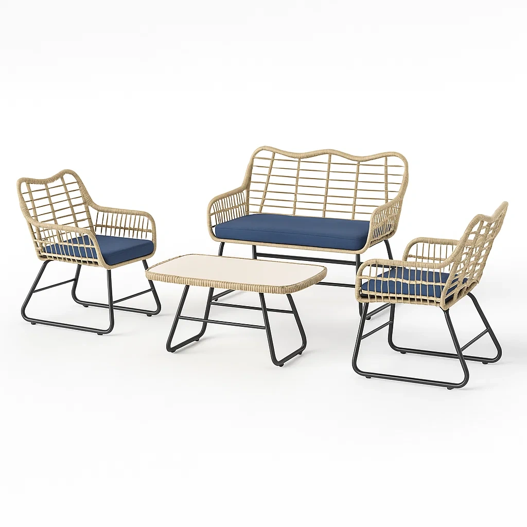 Polyrattan Gartenmöbel-Set Beige/Blau mit Glasplatte-livzexa
