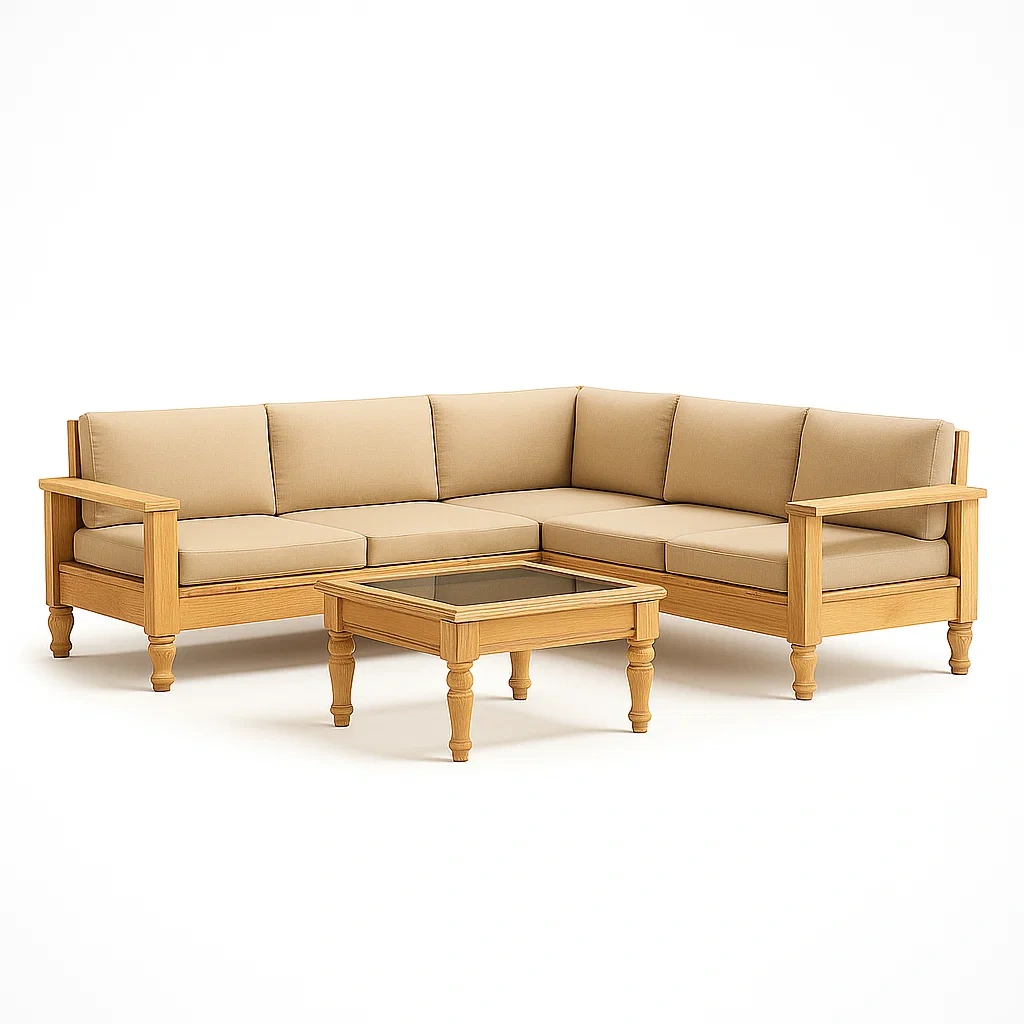Holz Ecksofa-Set Beige mit Glastisch-livzexa