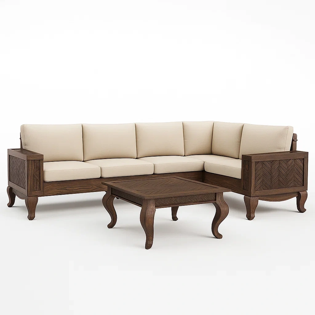 Ecksofa aus Holz mit Beigen Kissen und Tisch-livzexa