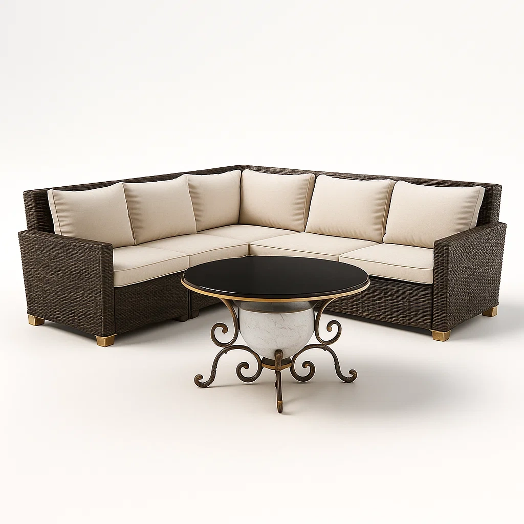 Rattan Outdoor Ecksofa Set mit Rundem Tisch Schwarz/Braun/Beige-livzexa