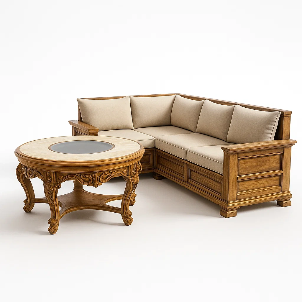 Ecksofa-Set aus Holz mit Tisch und Kissen-livzexa