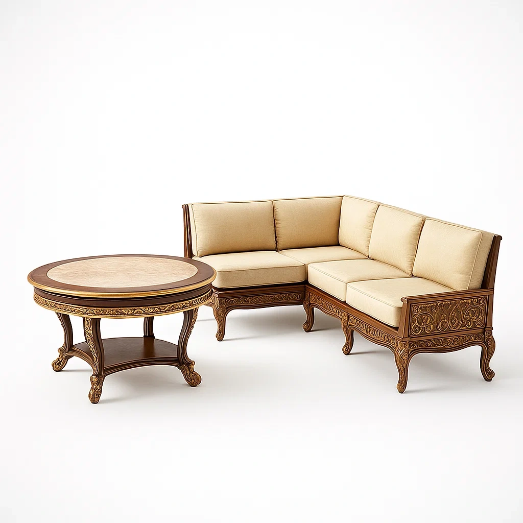 Holz Ecksofa-Set mit Tisch Beige Polsterung-livzexa