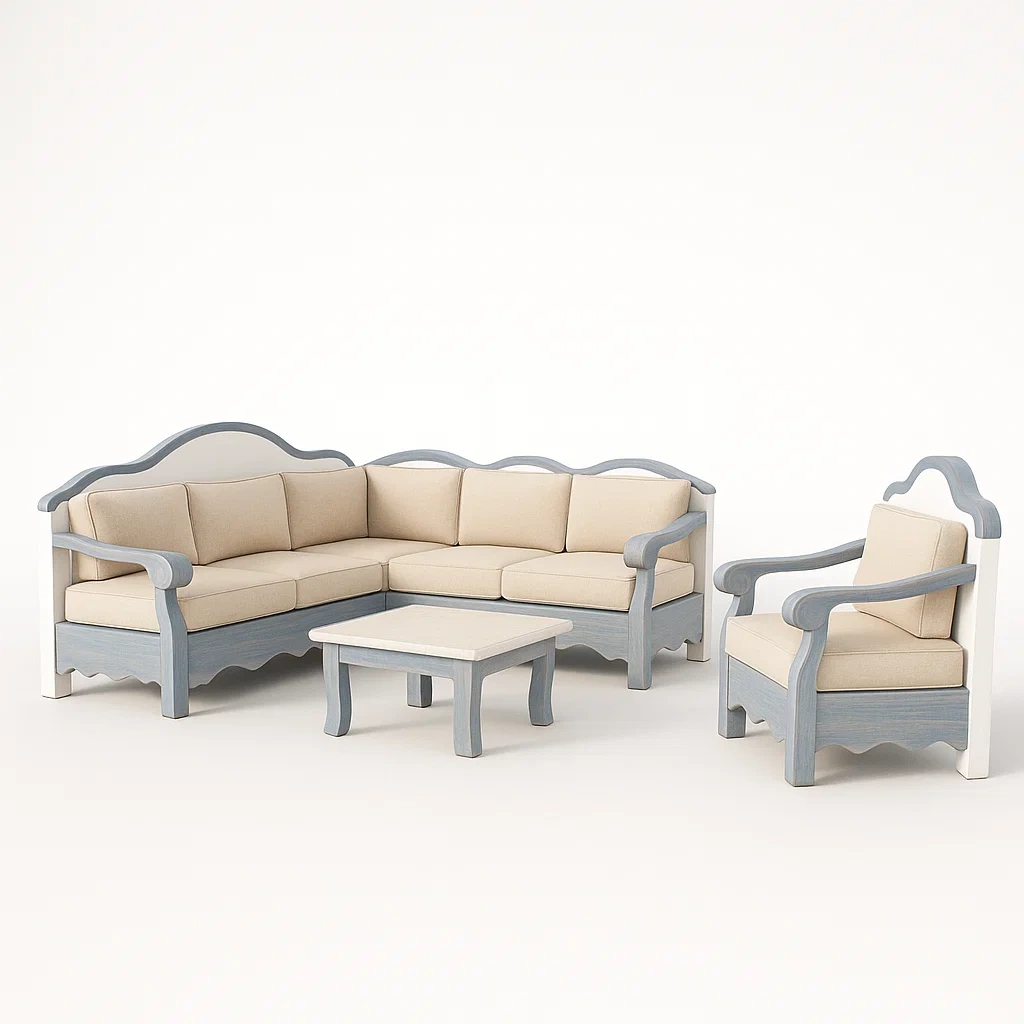 Ecksofa Set Stoff Beige Holz Blau-livzexa
