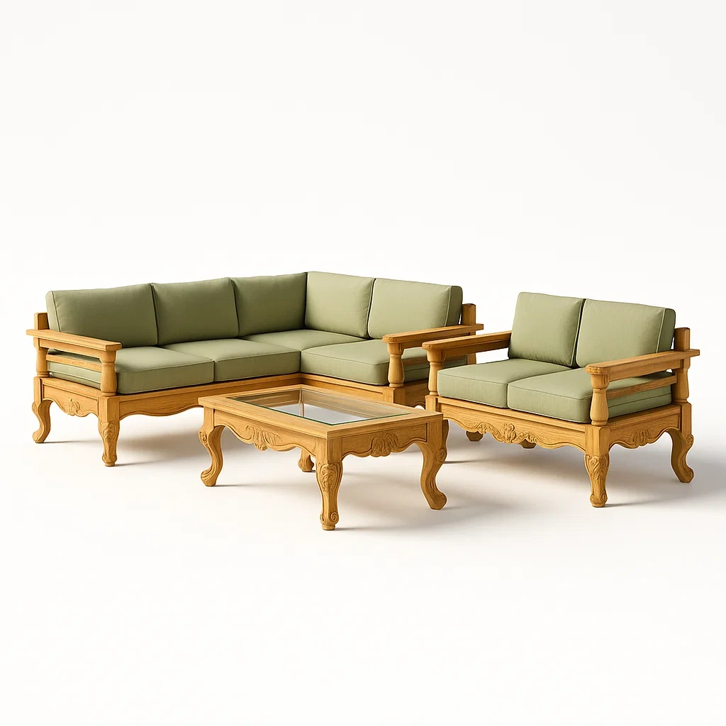Sofa-Set aus Massivholz mit grünen Kissen-livzexa