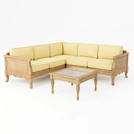 Ecksofa aus Holz mit gelben Kissen und Tisch mit Glasplatte-livzexa