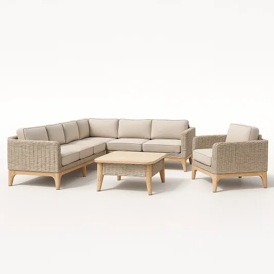 Ecksofa-Set Beige Rattan mit Holz-livzexa