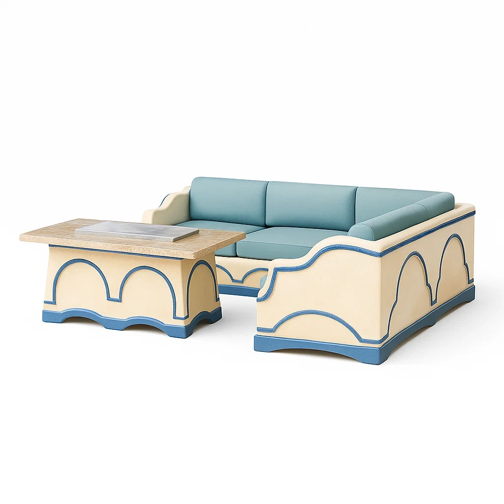 Outdoor-Sofa- und Tischset mit Holzrahmen und Polyesterpolsterung Beige/Blau-livzexa