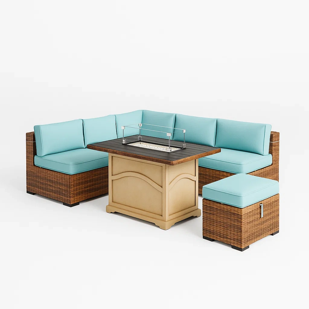 Rattan Ecksofa Set mit Feuerstelle Polyethylen Blau Braun-livzexa