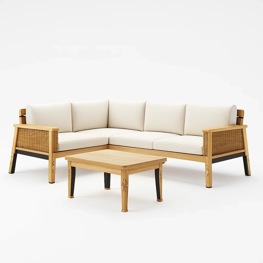 Holz Ecksofa-Set mit Tisch in Cremeweiß-livzexa