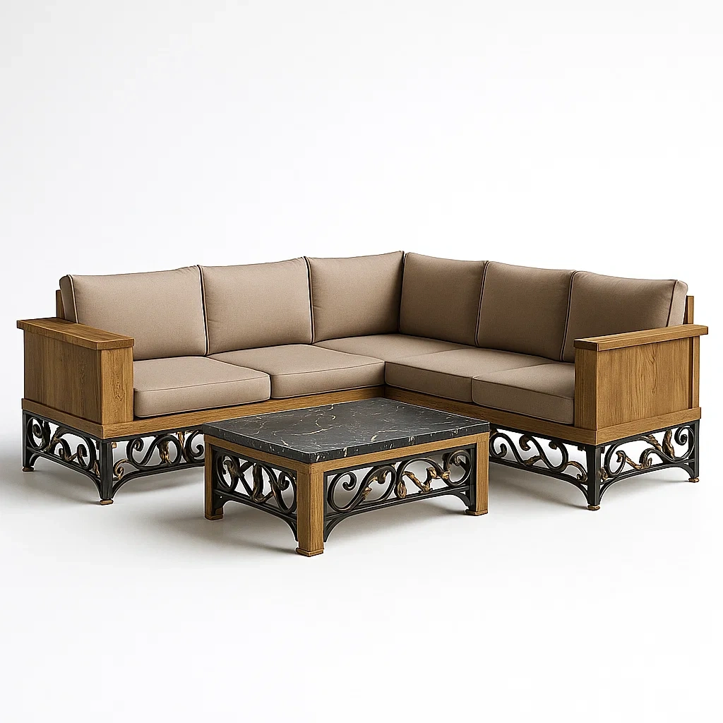 Ecksofa-Set aus Metall und Holzoptik mit Kissen in Beige-livzexa
