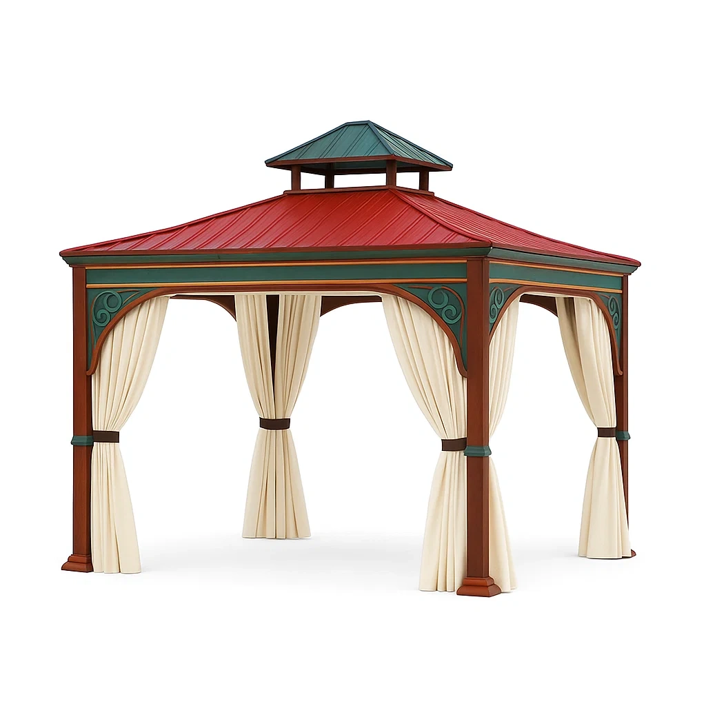 Pavillon aus Metall Rot/Grün 3x4m mit Polyester-Vorhängen-livzexa