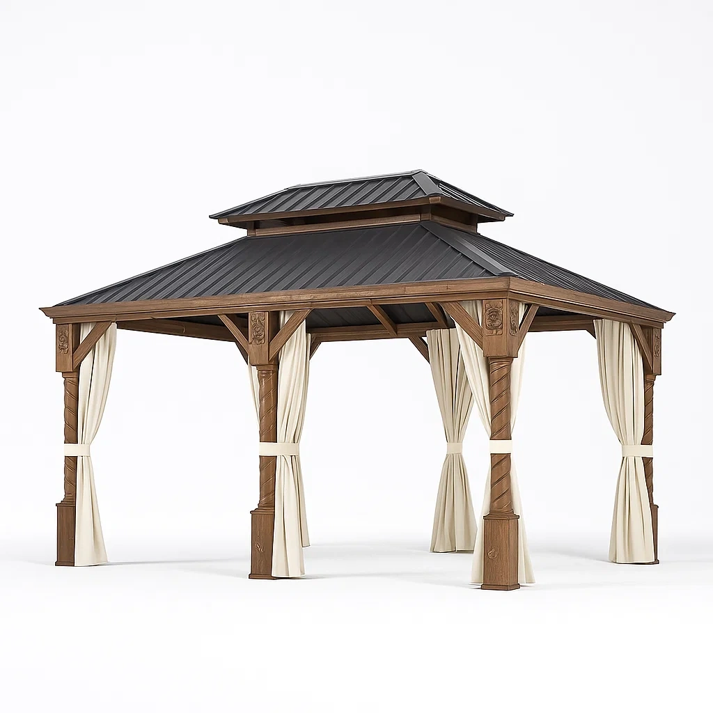 Holz Pavillon mit Aluminiumdach und Polyester Vorhängen-livzexa