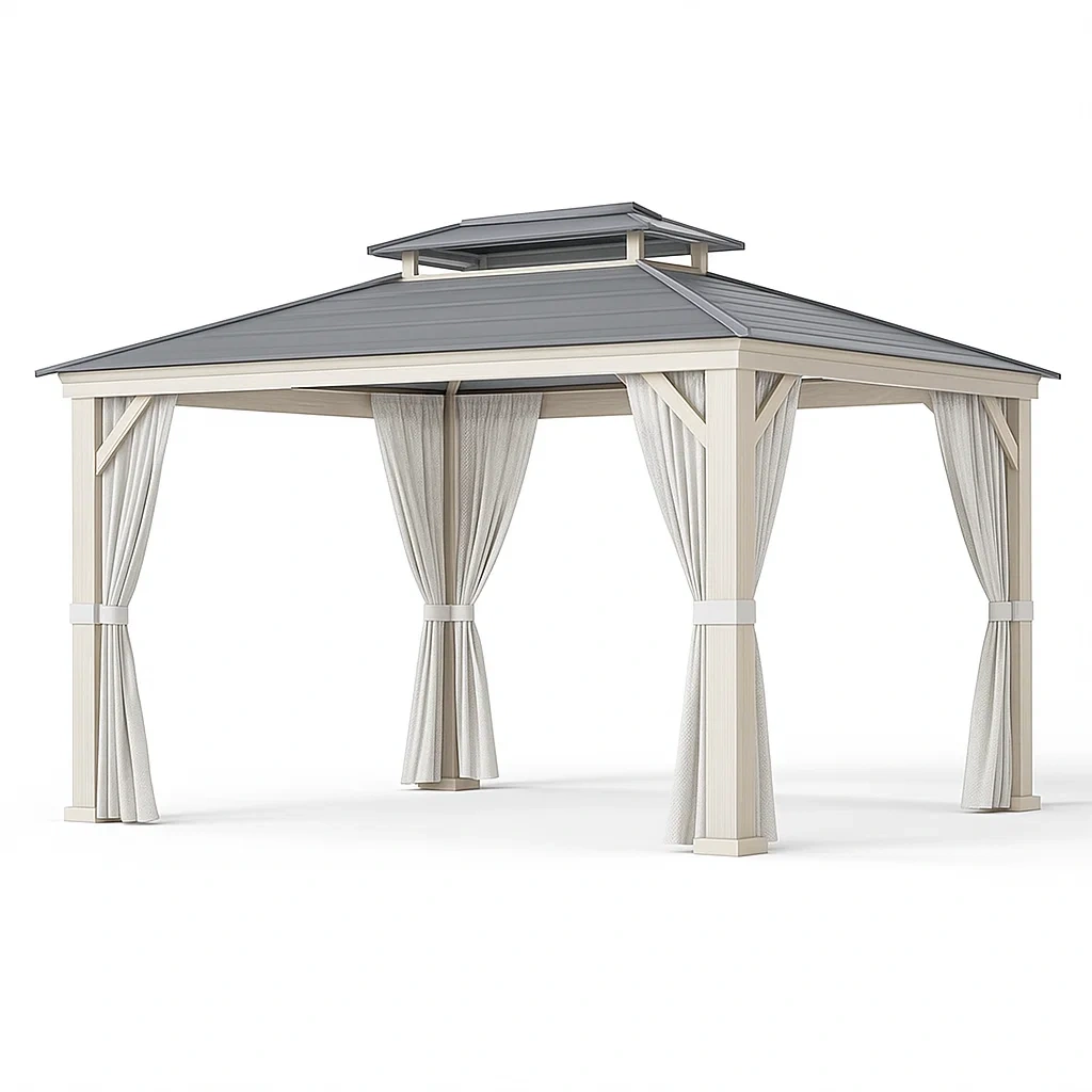 Gartenpavillon mit Aluminiumdach und Polyester-Vorhängen 400x300 cm Holzrahmen Beige/Grau-livzexa