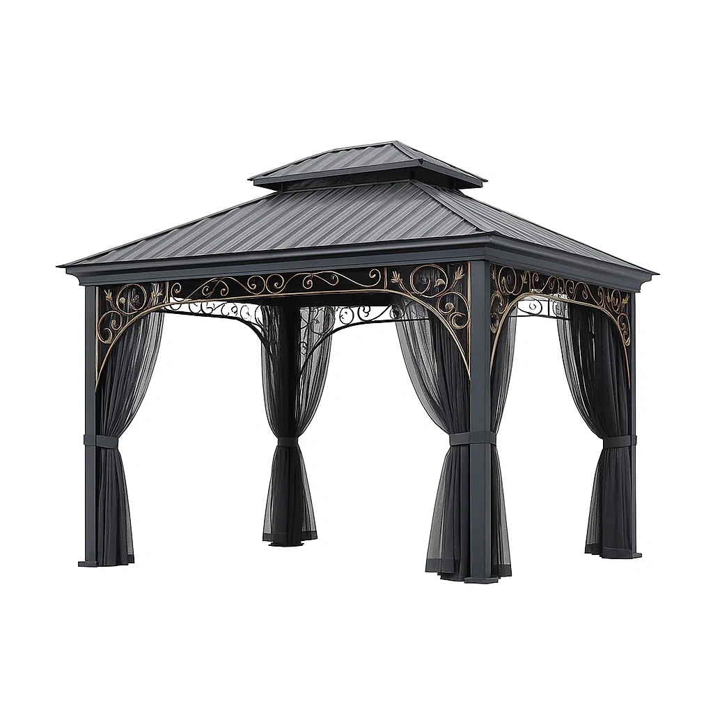Metall-Pavillon Schwarz mit Aluminiumdach und Polyester-Vorhänge-livzexa