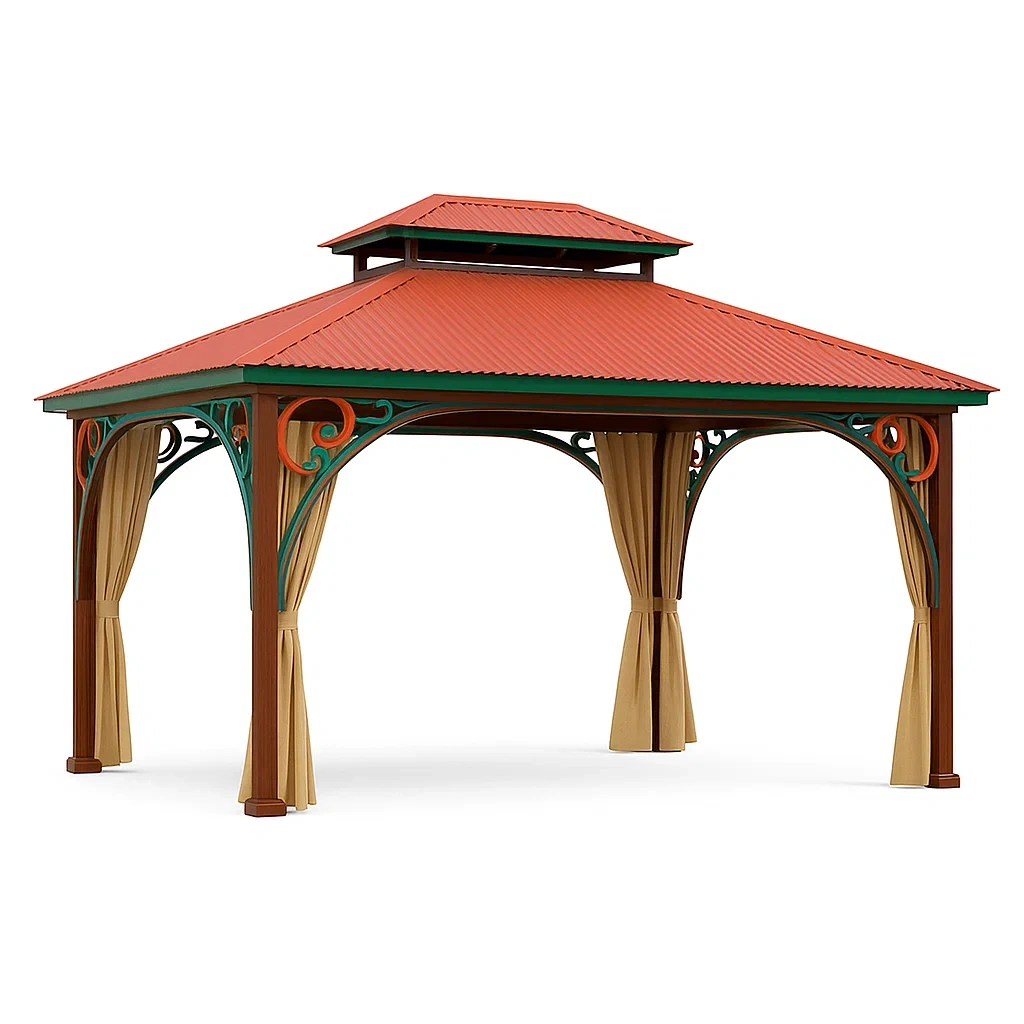 Pavillon aus Stahl und Polycarbonat mit Polyester-Vorhängen 300x400 cm Rot/Beige-livzexa