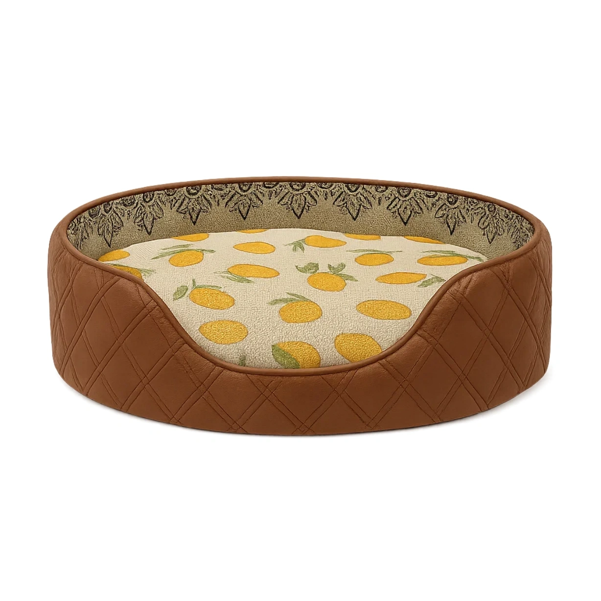 Rundes Haustierbett aus Polyester mit PU-Lederumrandung, Zitronenmuster, 60 cm-livzexa