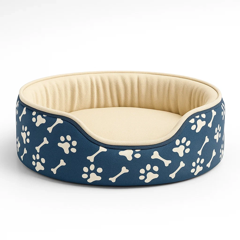 Rundes Hundebett aus Polyester Blau mit Pfoten- und Knochenmuster-livzexa
