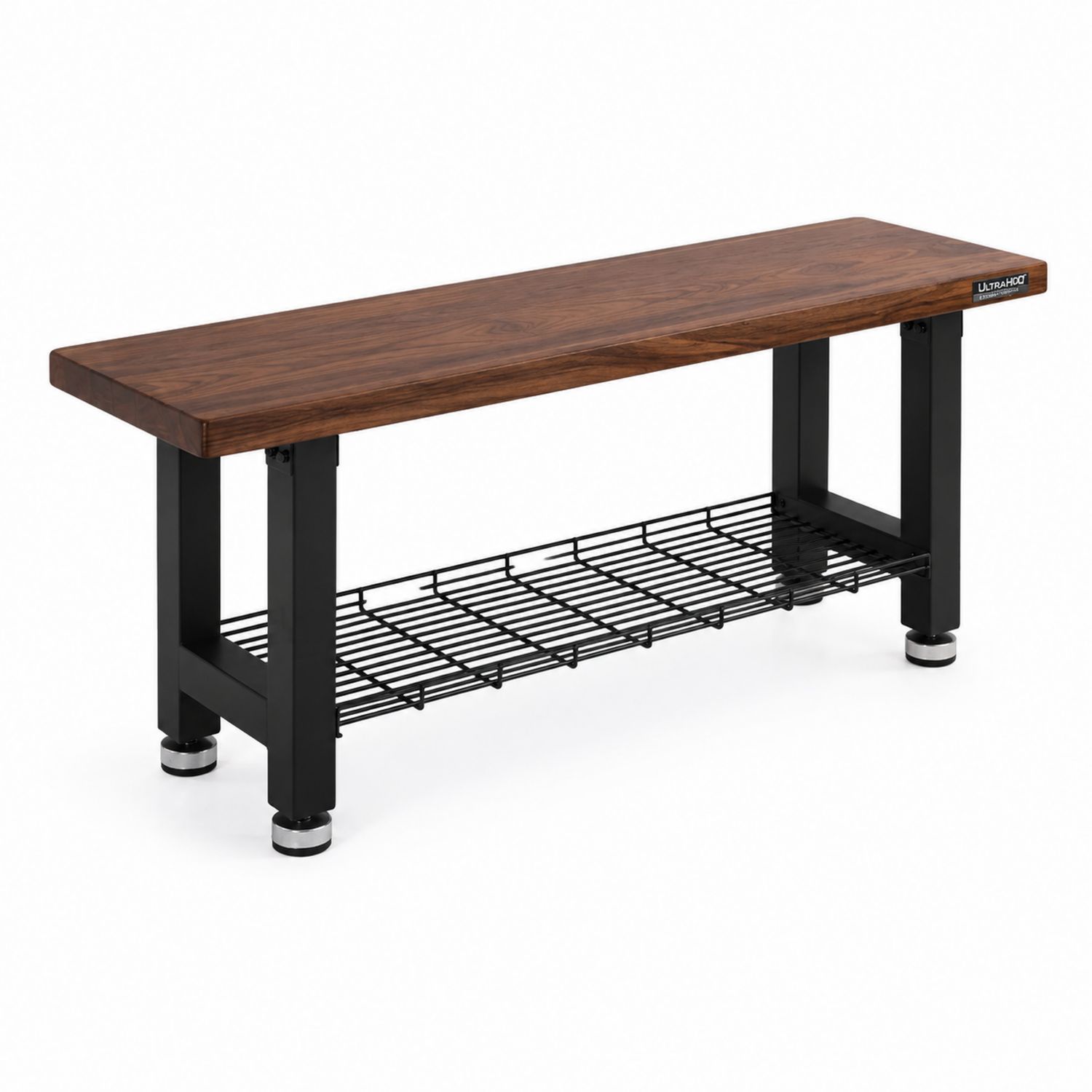 Holzbank mit Metallrahmen und Gitterablage Dunkelbraun/Schwarz 120x40x45 cm