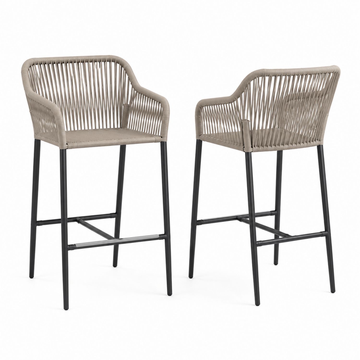 Set aus 2 Barhockern aus Polypropylen-Seil mit schwarzem Stahlrahmen, Beige