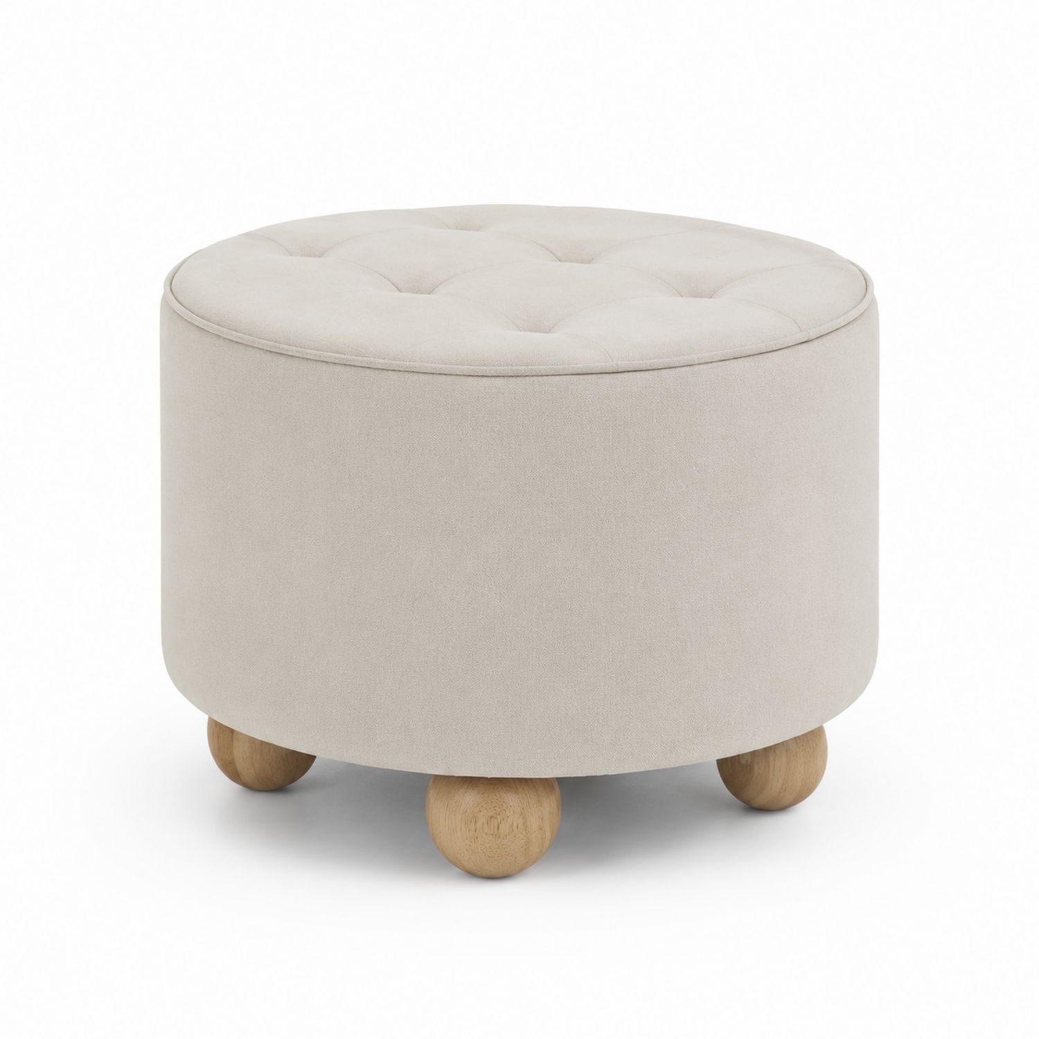 Runder Hocker aus Stoff mit Holzbeinen, Beige