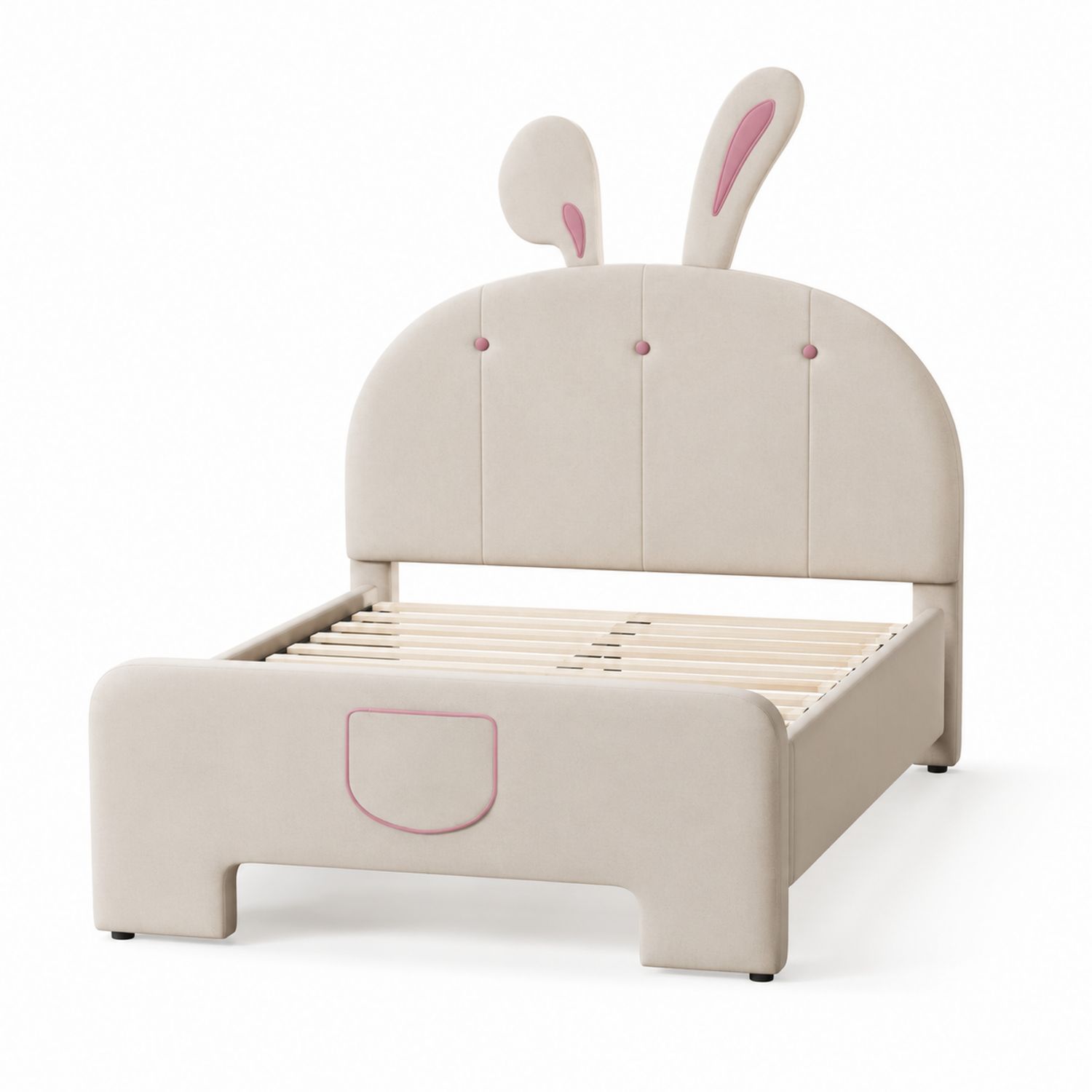 Kinderbett mit Hasenohren Holzstruktur Mikrofaser Creme/Rosa
