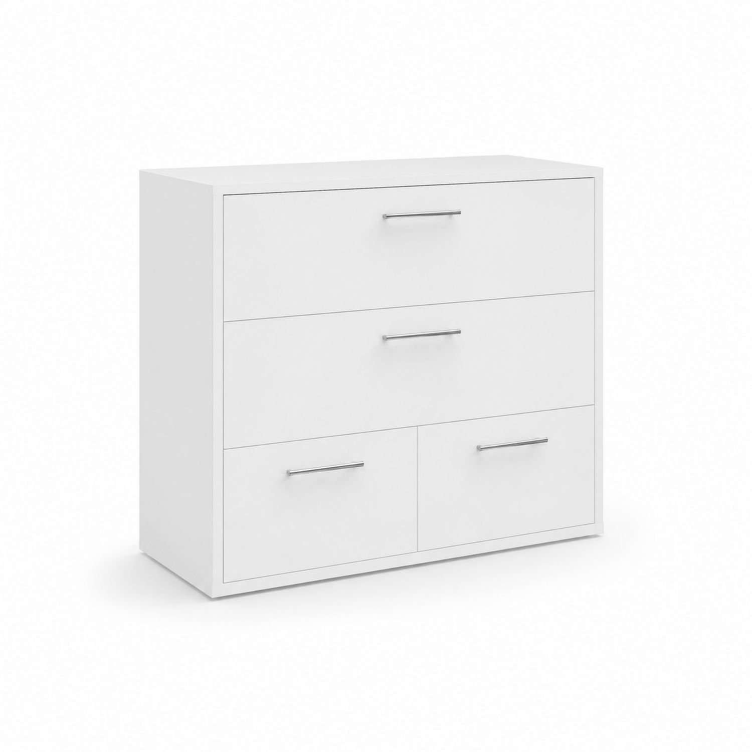Komoda z płyty laminowanej z metalowymi uchwytami biała