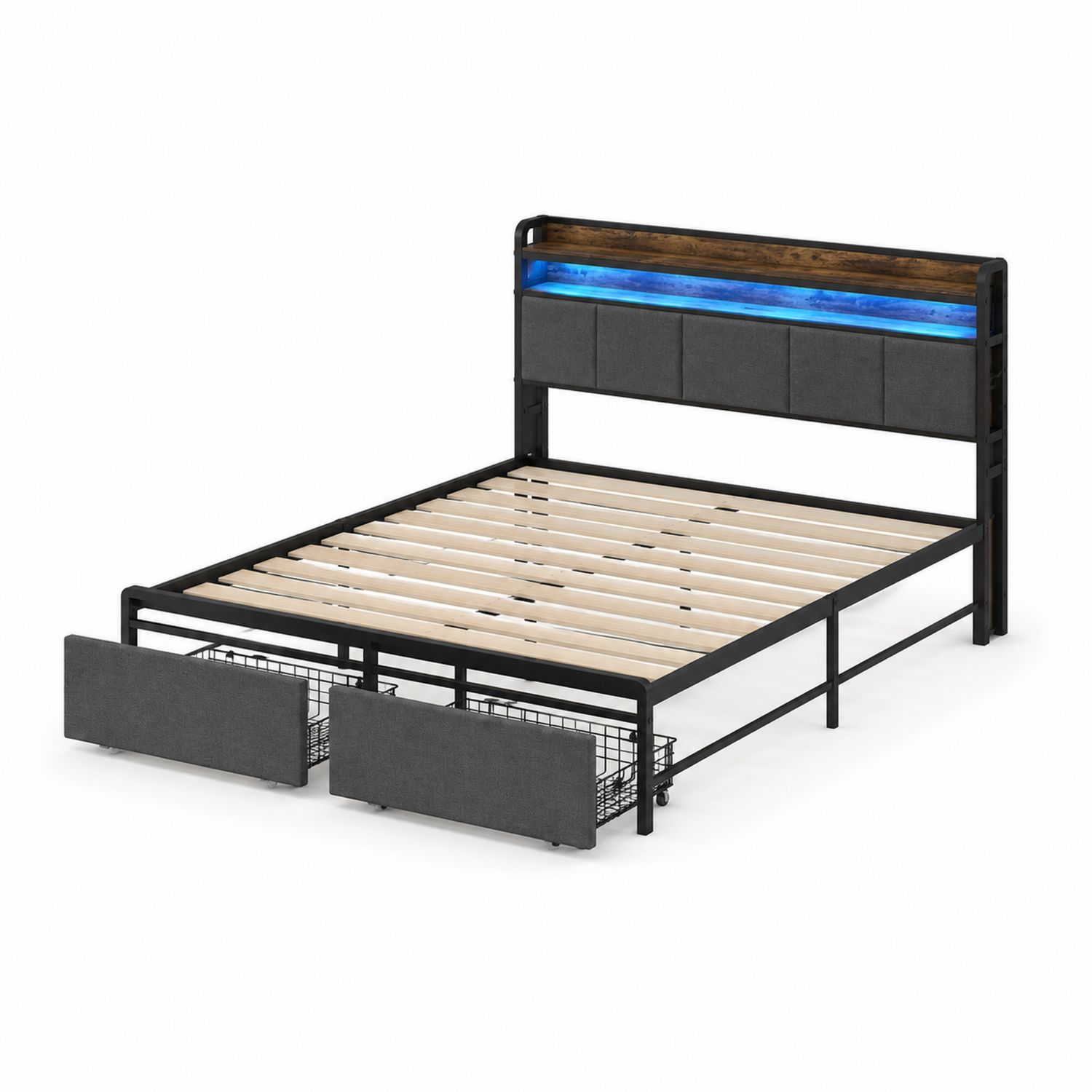 Łóżko metalowe z oświetleniem LED i szufladami 200x160 cm Antracyt
