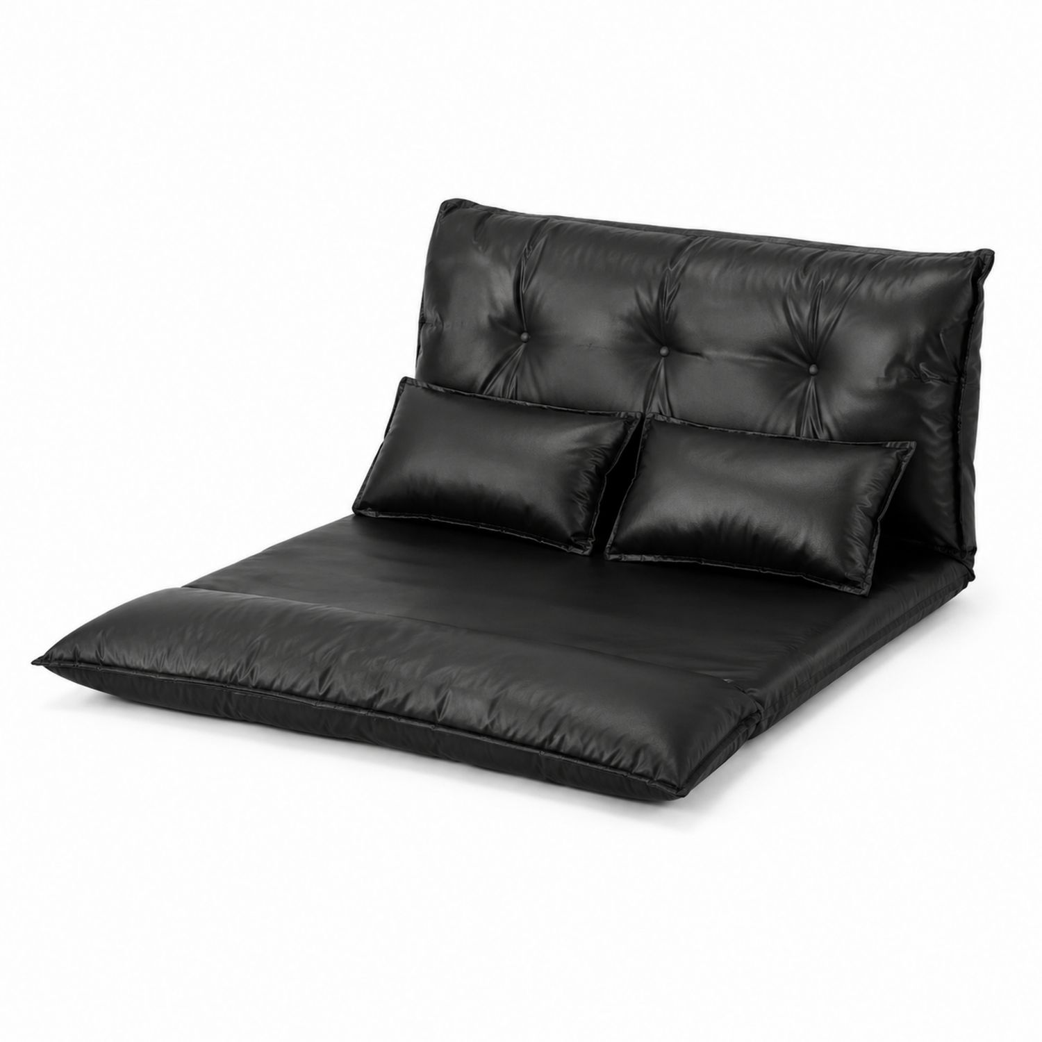 Sofa rozkładana z ekoskóry czarna z poduszkami