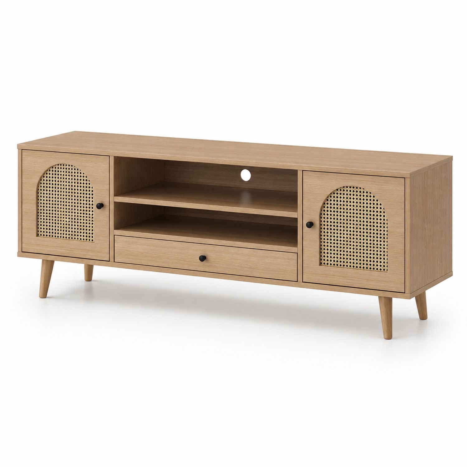 Szafka RTV drewniana z rattanem 150x40x55 cm