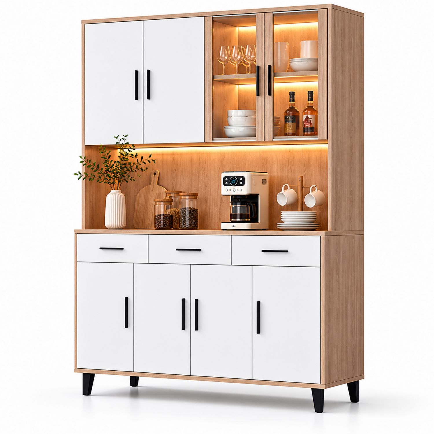 Kredens kuchenny z półkami LED MDF Biały/Drewno