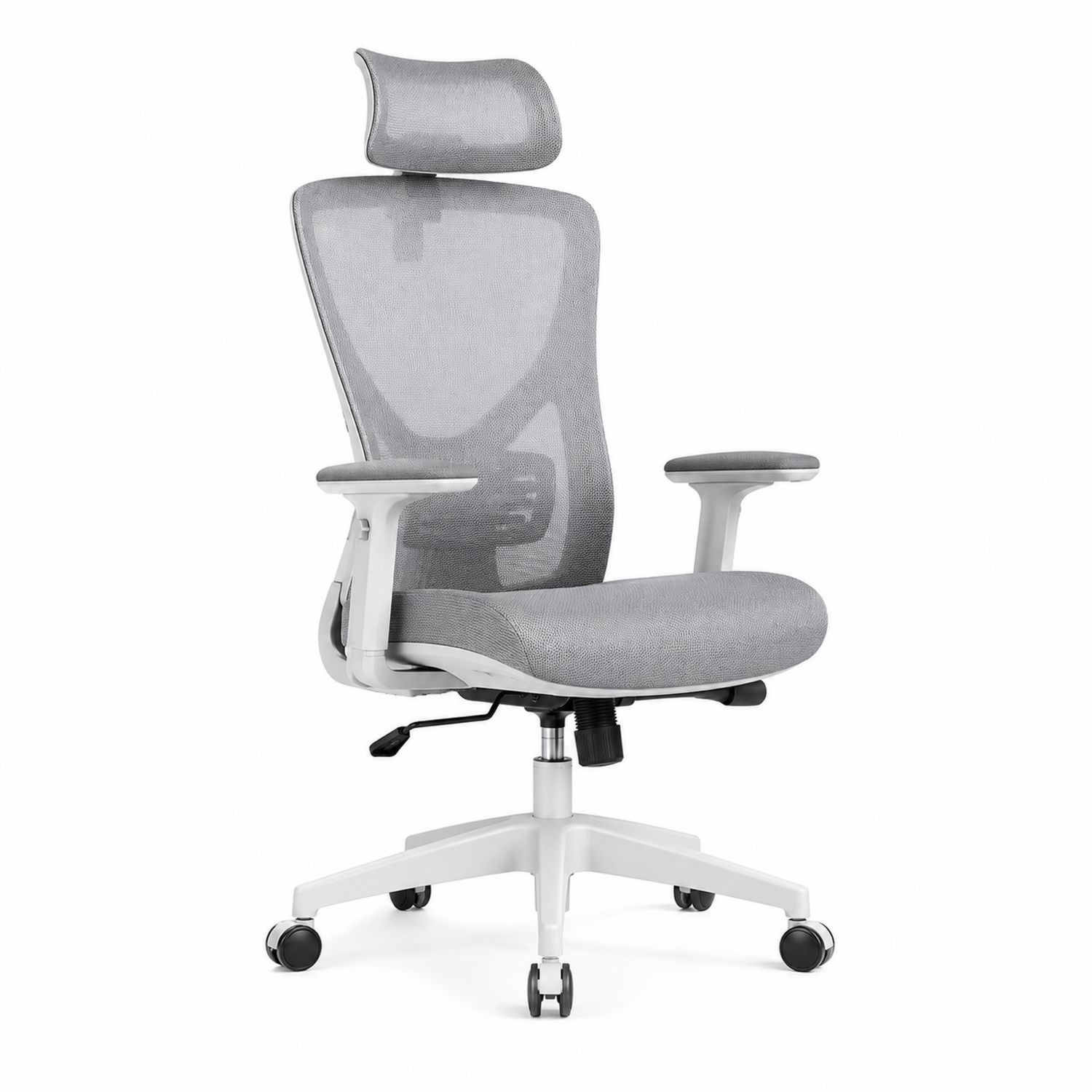 Ergonomiczny fotel biurowy z siatką i zagłówkiem, regulowany, Szary