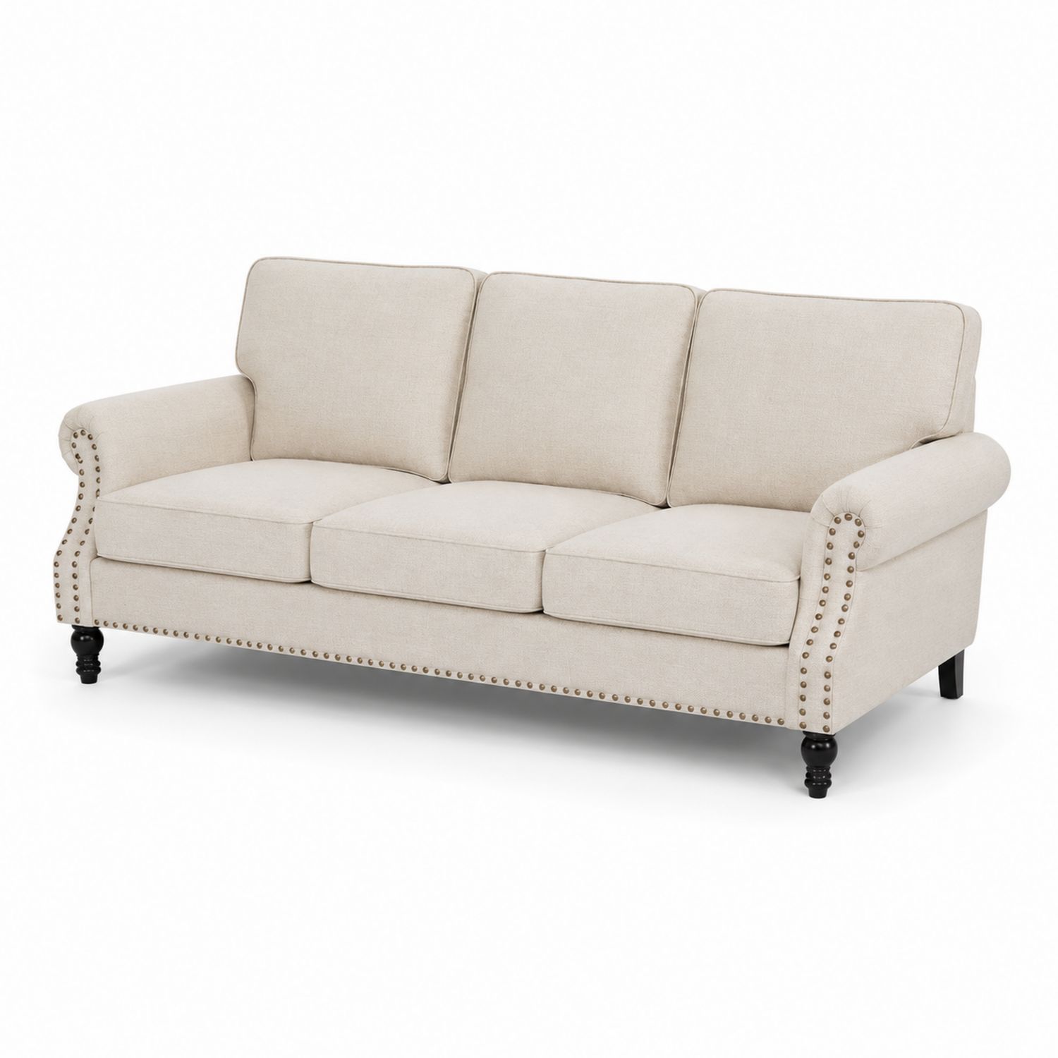 Sofa 3-osobowa z kremową tkaniną lnianą i dekoracyjnymi ćwiekami