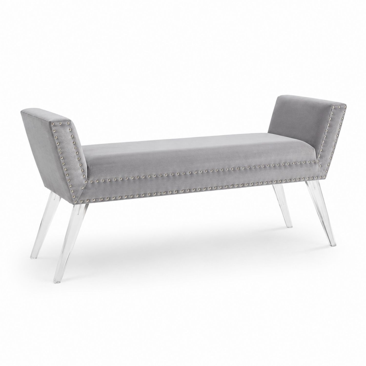 Ławka z podłokietnikami tapicerowana aksamitem szara 150x40x55 cm nogi akrylowe
