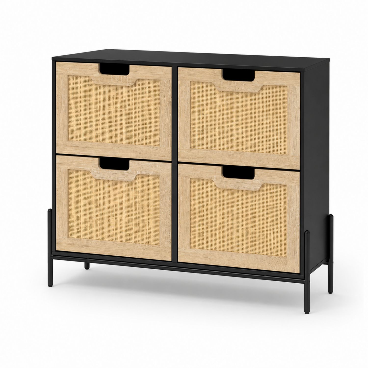 Szafka na buty 4 szuflady metal drewno rattan 80cm x 80cm x 30cm Czarny