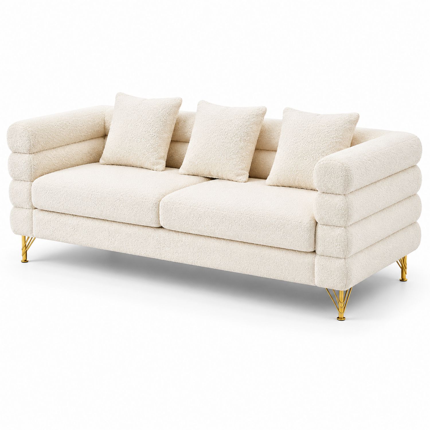 3-osobowa Sofa Bouclé Ekri Stal Nierdzewna Nogi Złote 220 cm