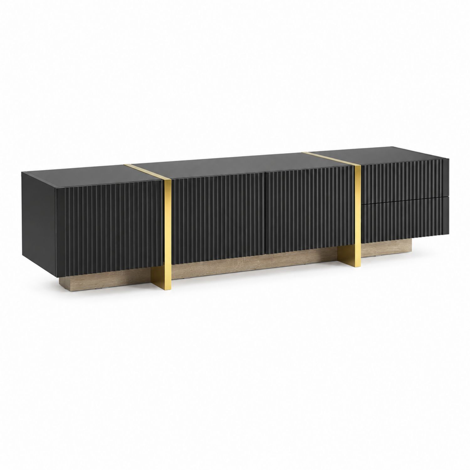 Szafka RTV czarna z złotymi akcentami, 200 cm, MDF i stal
