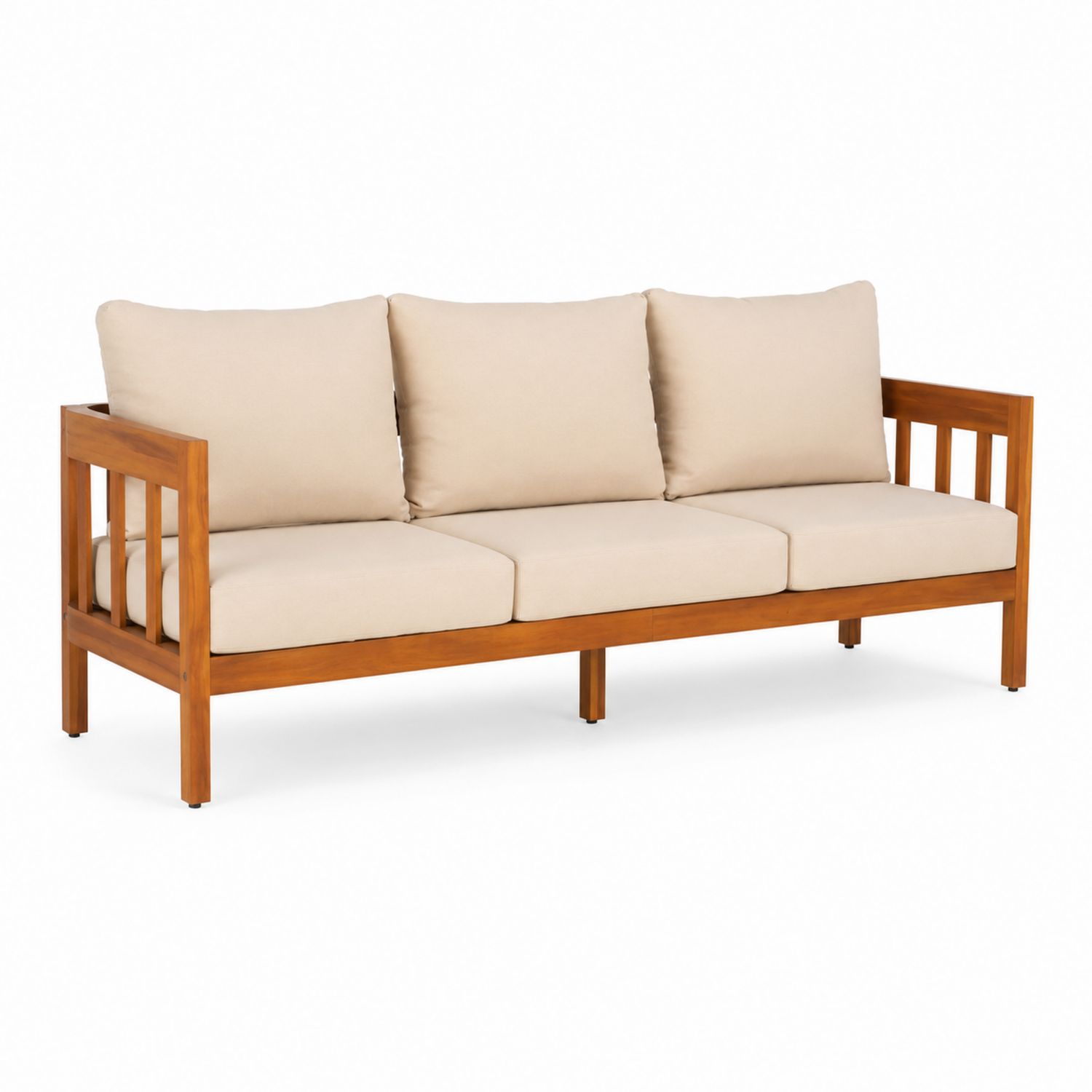 Sofa ogrodowa z drewna akacjowego z kremowymi poduszkami