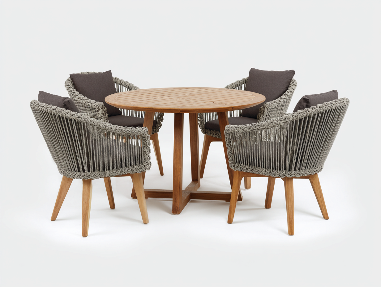 Garten Essgarnituren aus Holz und Seilgeflecht 120x120x75 cm - Grau-Natur - für Terrasse und Garten - Modernes Design-Sisaiaabode