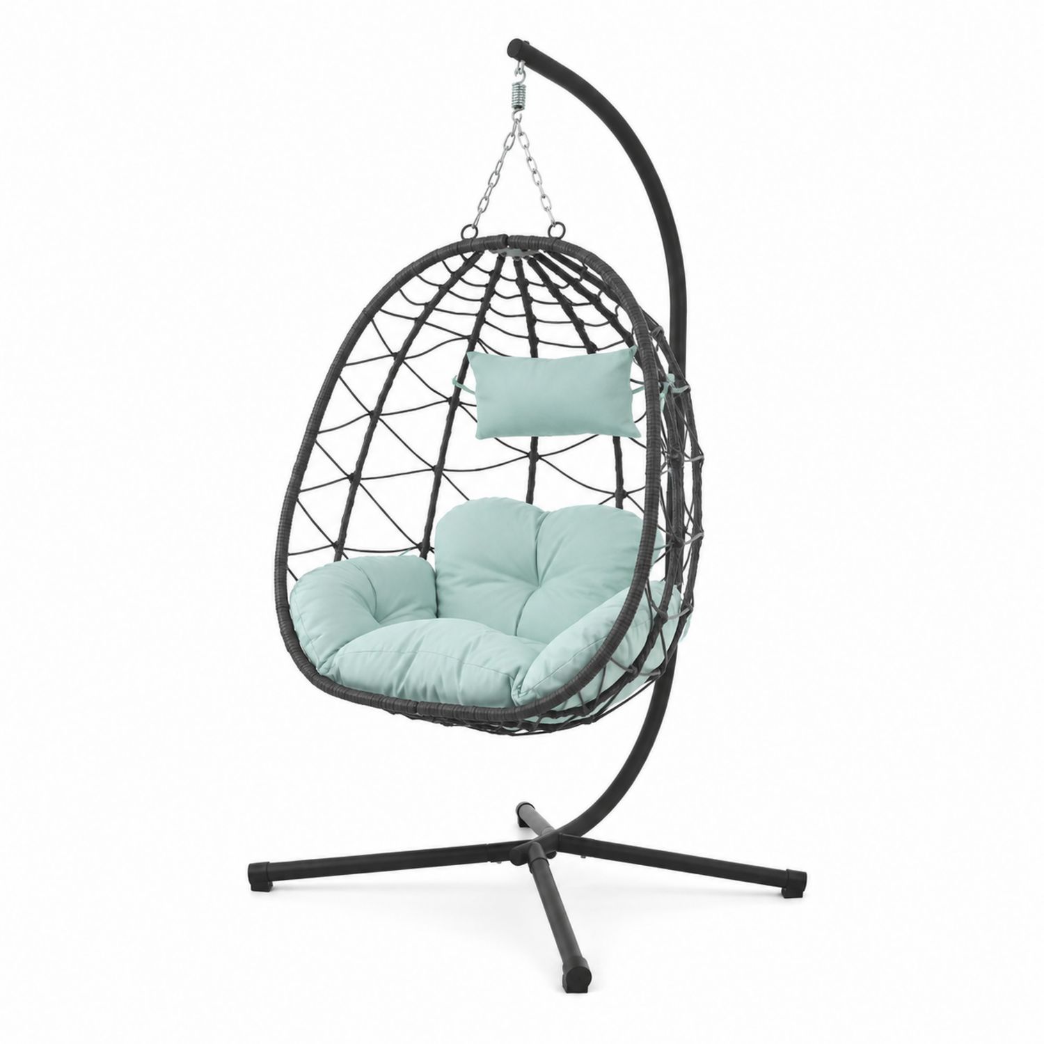 Wiszący fotel ogrodowy z poduszkami metal i rattan miętowy
