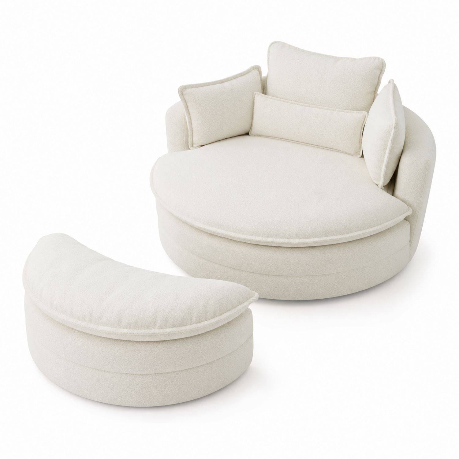 Okrągła sofa z pufą tapicerowaną tkaniną beżową