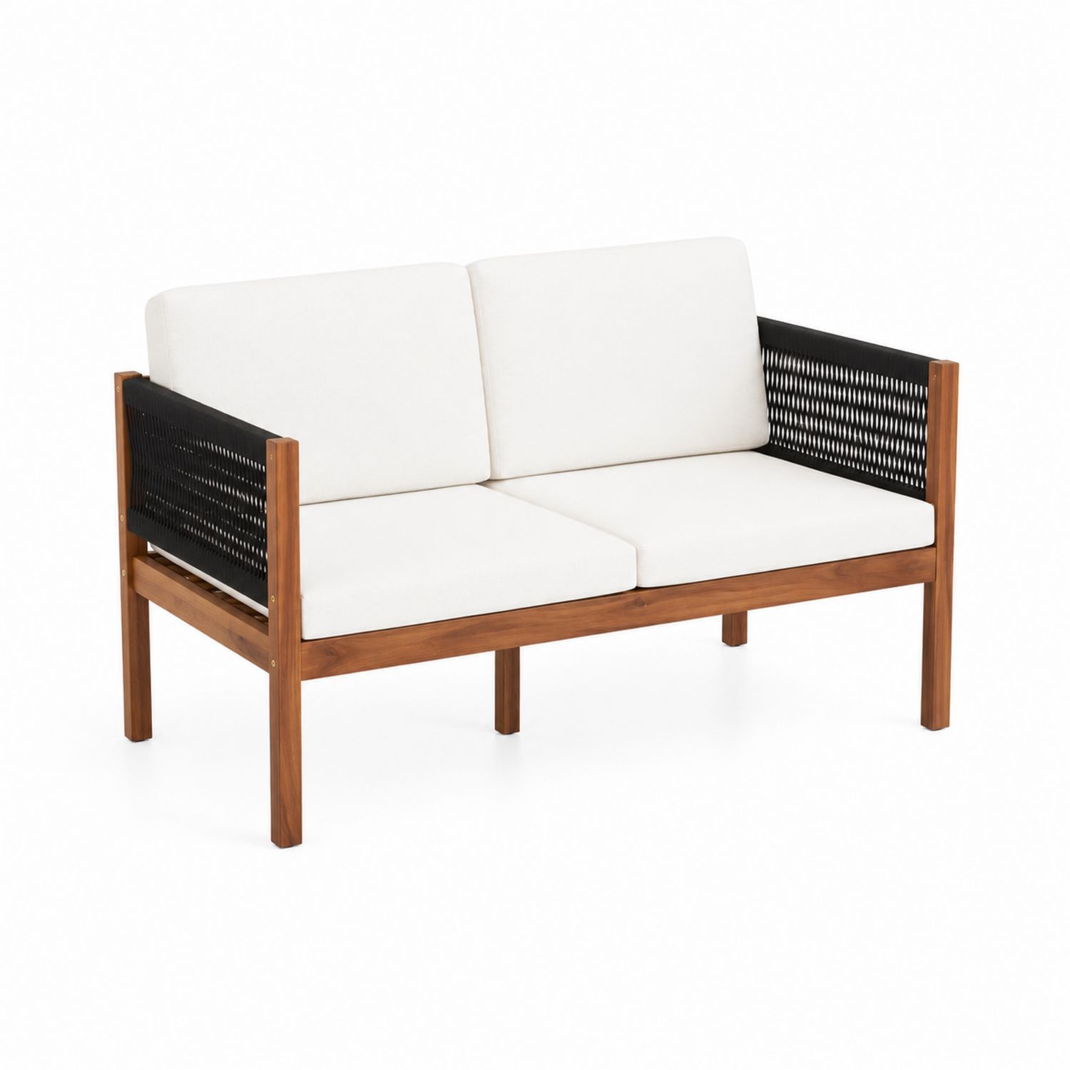 Drewniana sofa dwumiejscowa z poliestrowymi poduszkami