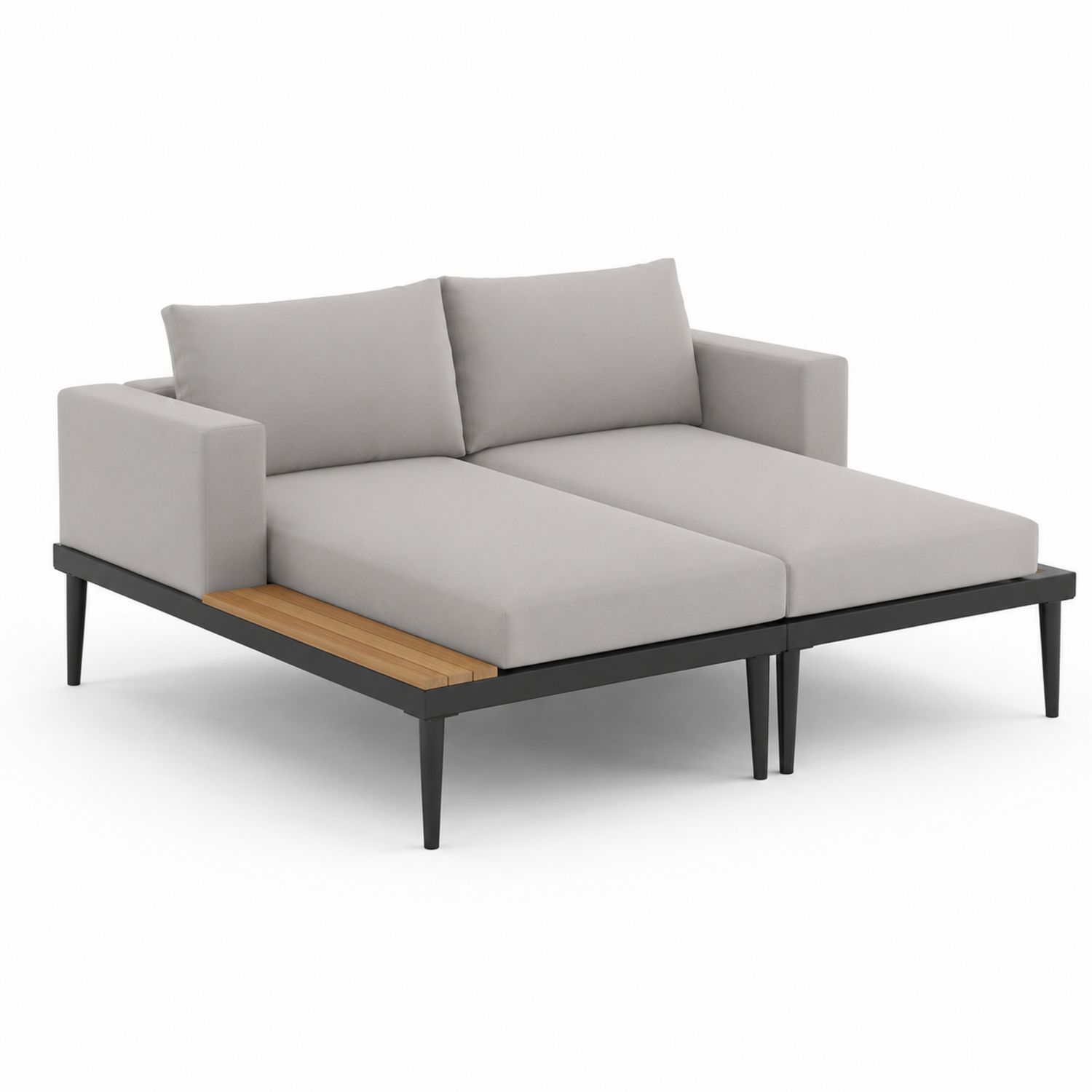 Podwójna sofa ogrodowa z podłokietnikami, szara tkanina, metal