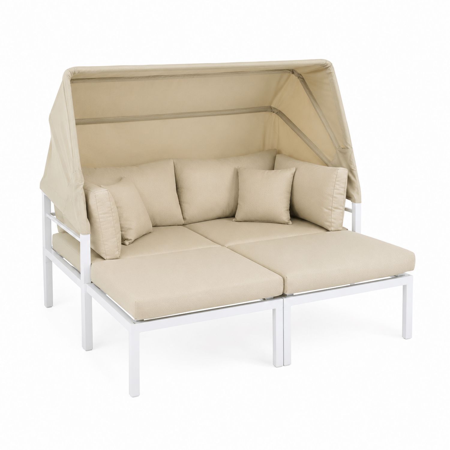 Aluminiowa ogrodowa sofa z baldachimem z beżowymi poduszkami