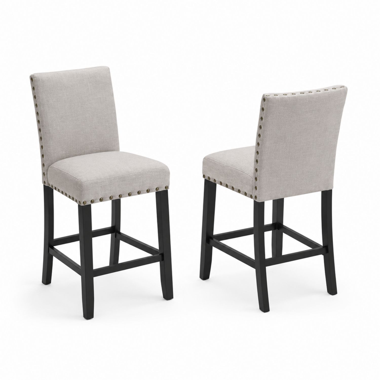 Zestaw 2 krzeseł barowych z tkaniny lnianej z czarnymi nogami, beżowe