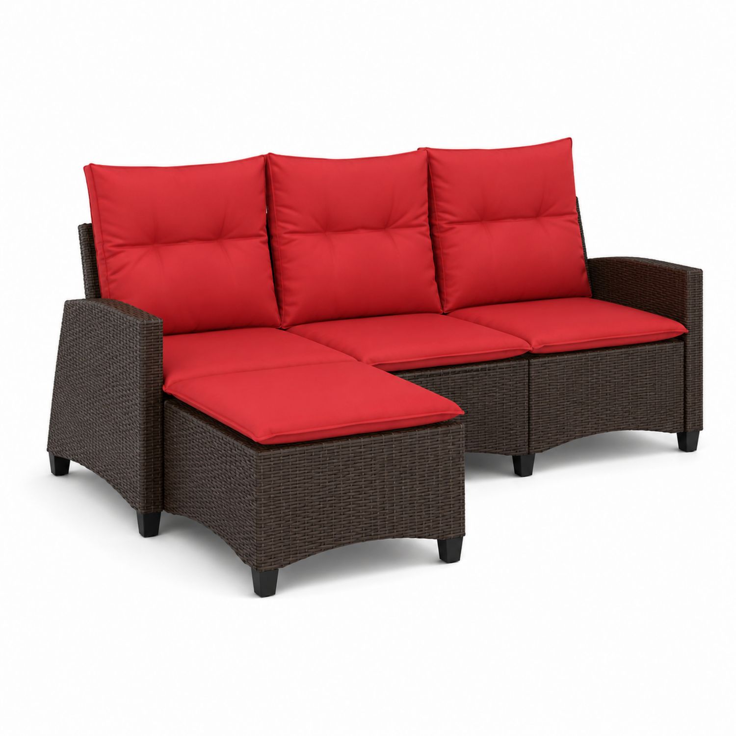 Sofa ogrodowa z technorattanu z czerwonymi poduszkami